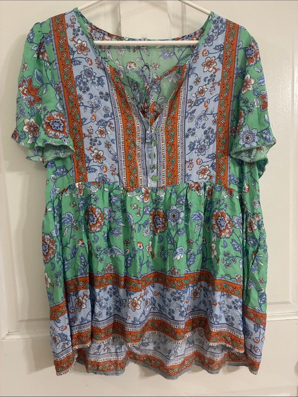 Floral Peasant Blouse — Green & Light Blue